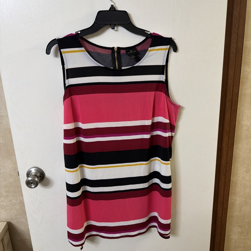 Worthington Women Pink Multi Pica Stripe Zip Detail Blouse Shirt Top L